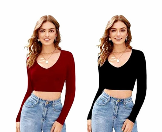 Polyester Blend Crop Top Combo V-Neck (16"Inches) Black , V-Neck Top (16"Inches) White